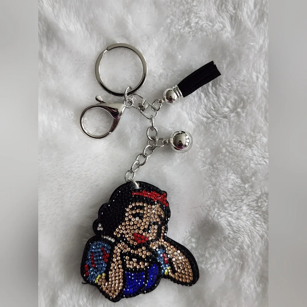 Snow White Sparkling Rhinestone Keychain with Tassel Bag Charm